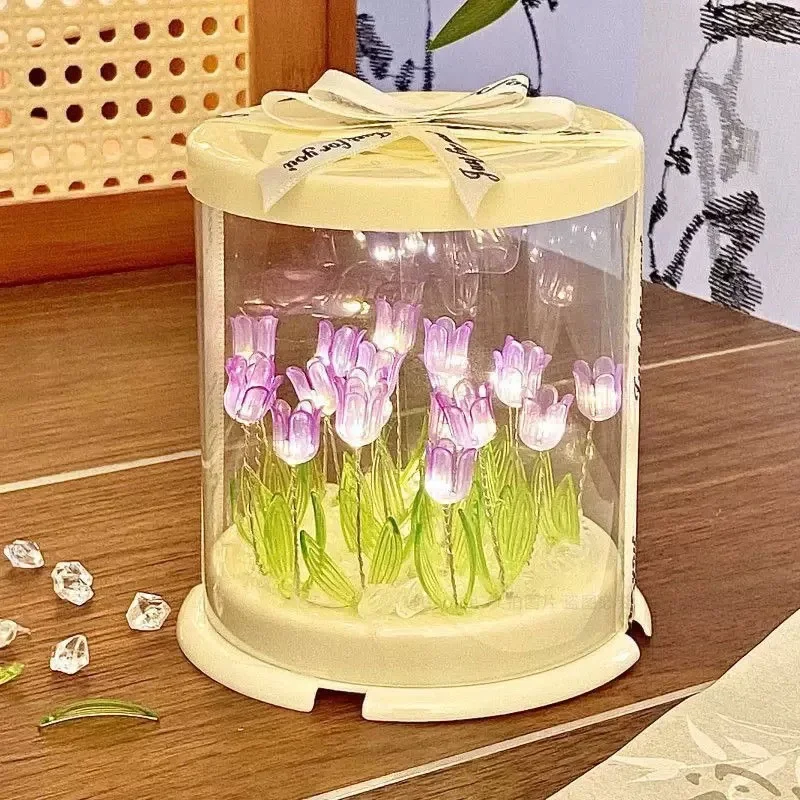 DIY Tulip Lamp Simulation Flower Sea Cake Box Bedroom Sleeping Table Lamp Handmade Craft Decor Tulips Night Light Birthday Gift