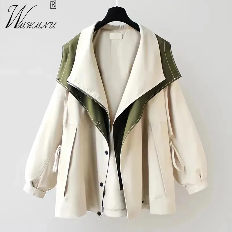 S-5xl Oversize Design Patchwork Trench Coat loose Hooded Windbreaker Women Casual Spring Jackets Adjustable lace up Gabardina