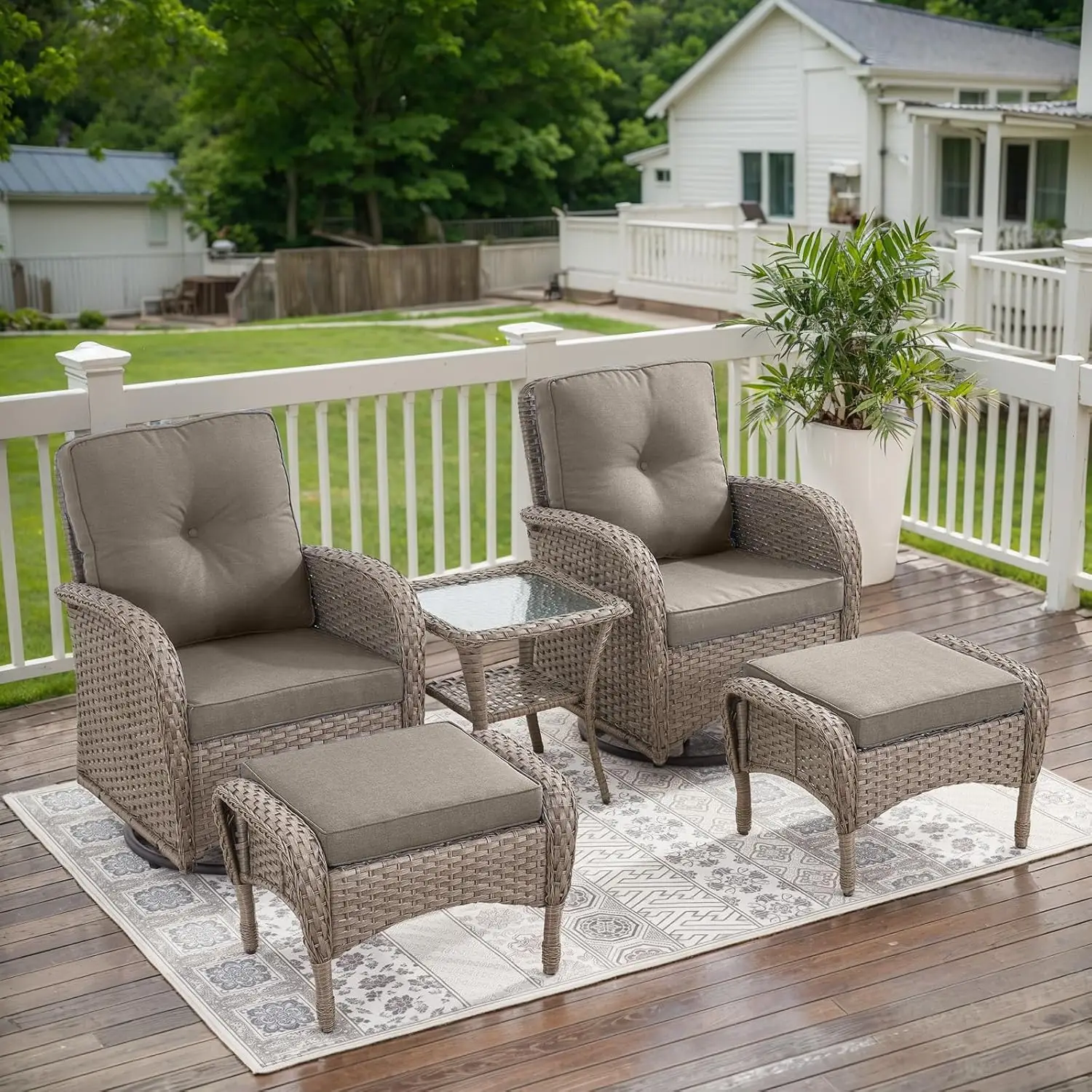 

5 Pieces Wicker Patio Furniture Set - Swivel Rocker Outdoor Chairs with Ottomans and Side Table, Small Patio Conversation Set