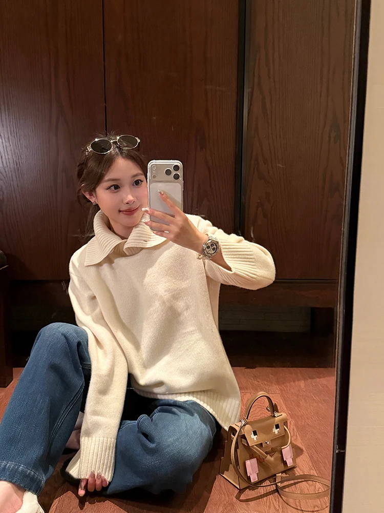 

Шерстяной вязаный свободный свитер для женщин с воротником на пуговицах, осенне-зимний, модный, повседневный, удобный, с длинными рукавами