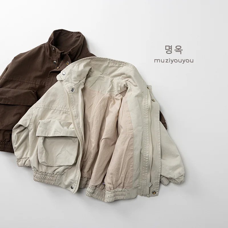 2026 Autumn New Children Casual Coat Girls Zipper Jacket Solid Baby Loose Outerwear Cotton Boys Work Coat Kids Clothes