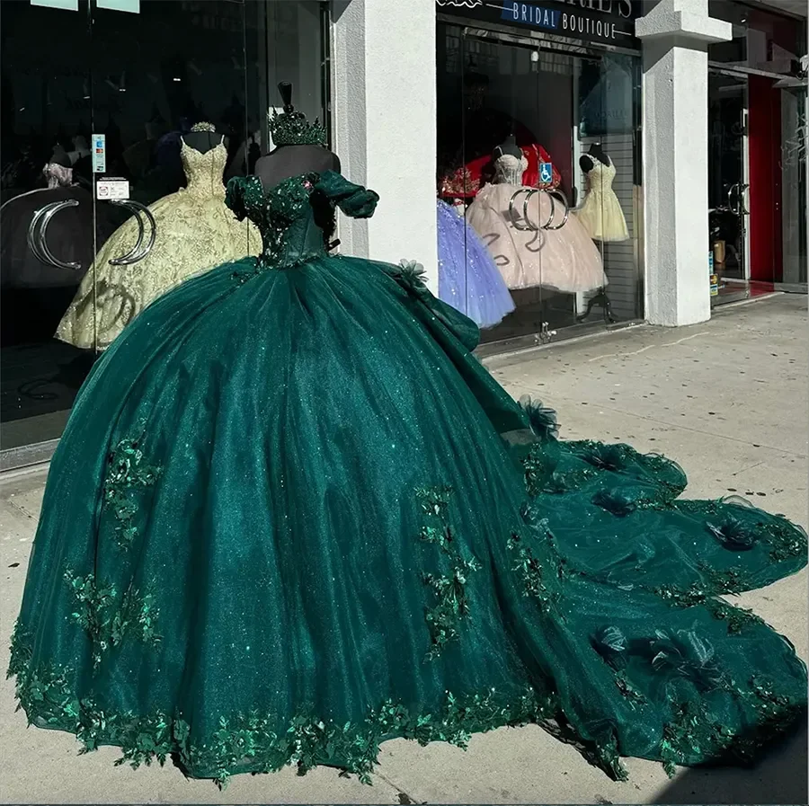 Attachable Dark Green Sweetheart Ball Gown Quinceanera Dresses Beading Pearls 3D Flowers Appliques  Customized  Sleeves Formal