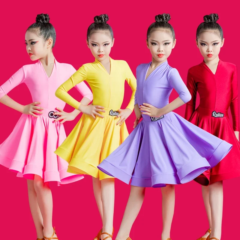 New Children's Latin Dance Dress Girls' Dance Practice Skirt Latin Dance Suit Long Sleeve Competition Split Dress Women's Perfom