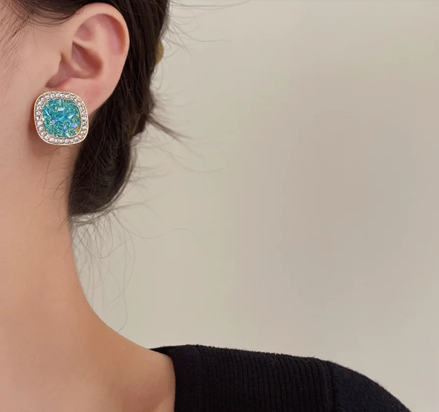 S925 silver needle copper gold plated square Retro Blue Crystal Earrings for women Fashion Jewelry