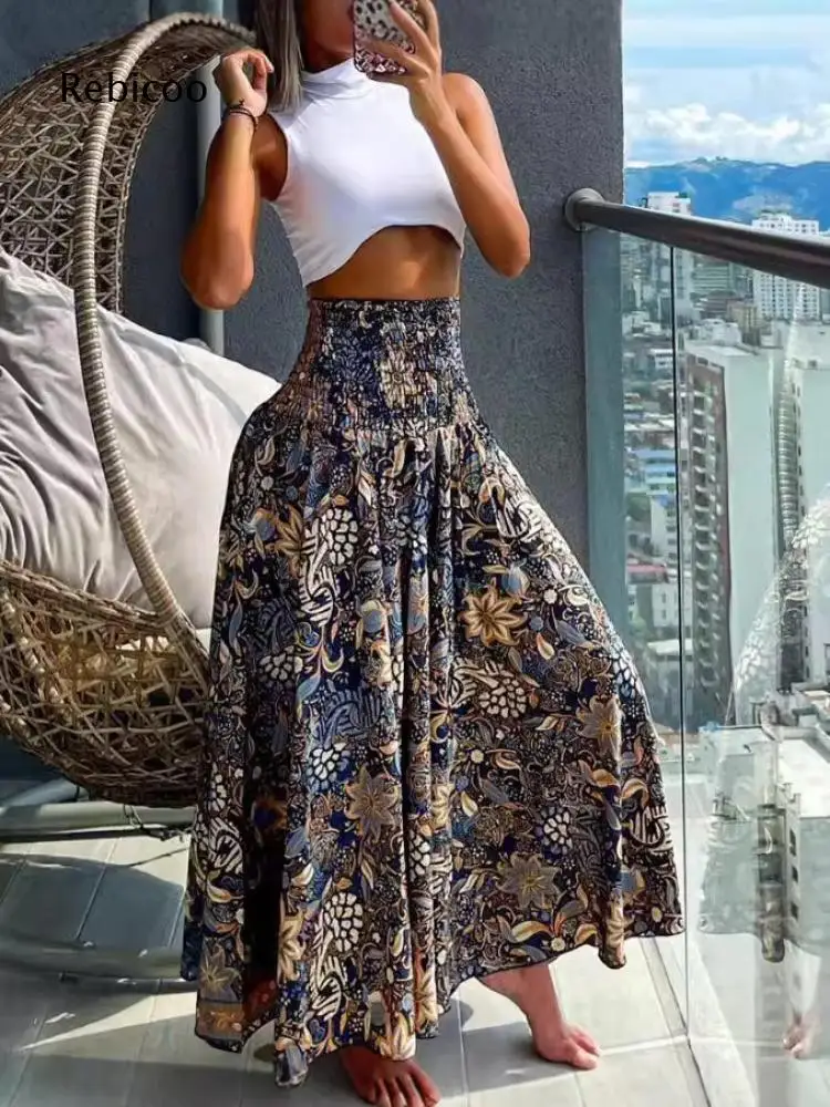 Vintage Floral Printed Flared Maxi Skirt For Women Smocked Waist For Social Gatherings And Fashion Boho Casual Daily Outfits