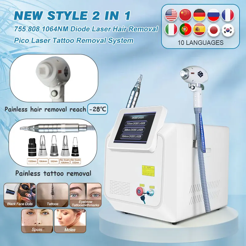 Professional 808 Diode Laser and Pico 2 in 1 Beauty Salon Equipment Laser Hair Removal and Tattoo Machine