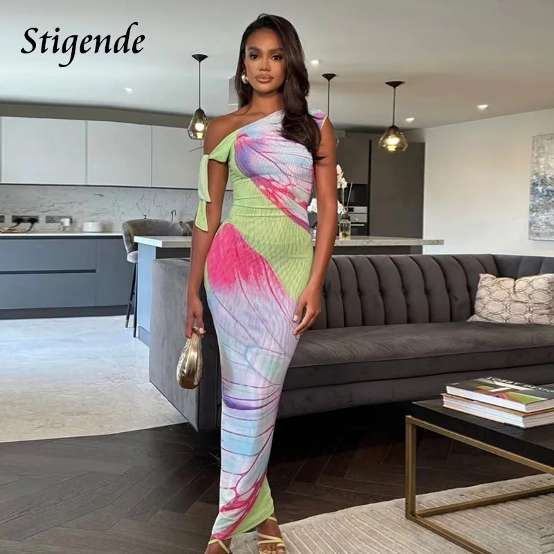 Stigende Women Floral Print Sleeveless See Through Mesh Dress Sexy One Shoulder Transparent Long Dress