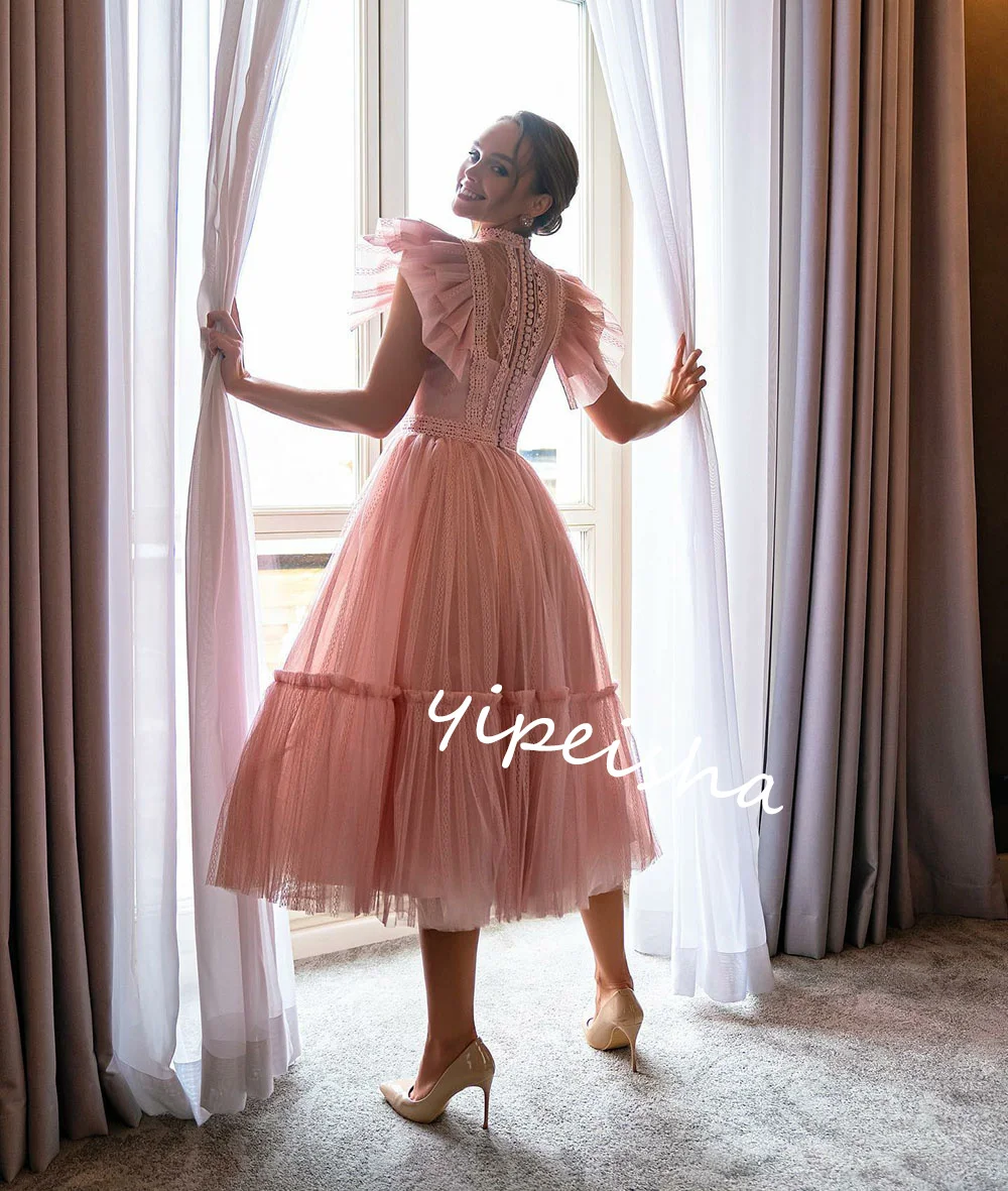  Evening Tulle Beading Tiered Draped Cocktail Party A-line High Collar Bespoke Occasion Gown Midi Dresses Saudi Arabia