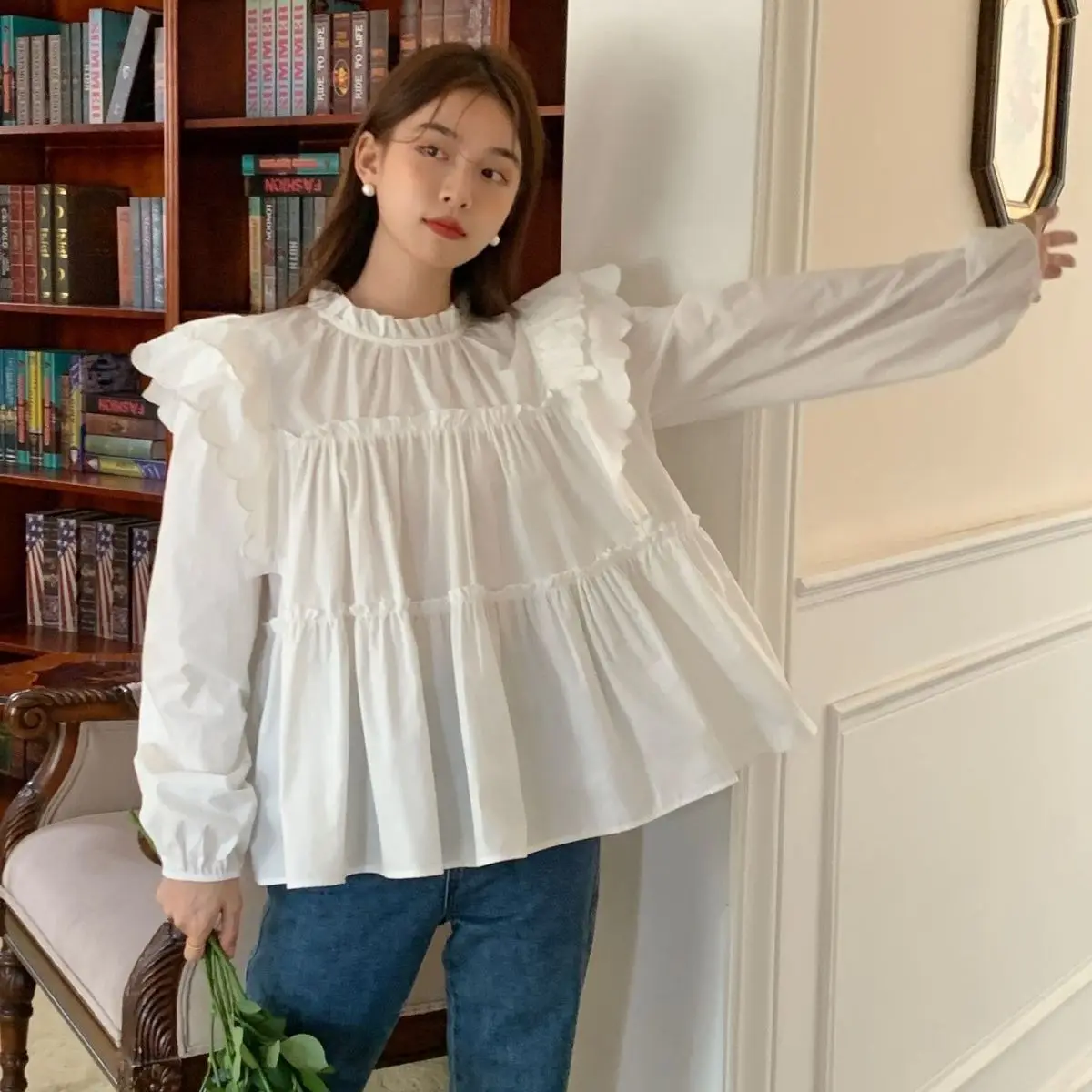 Baggy Blouses Women Ruffles Vintage Sweetheart Spring French Stylish Solid Designed All-match College Leisure Fashion Clothing