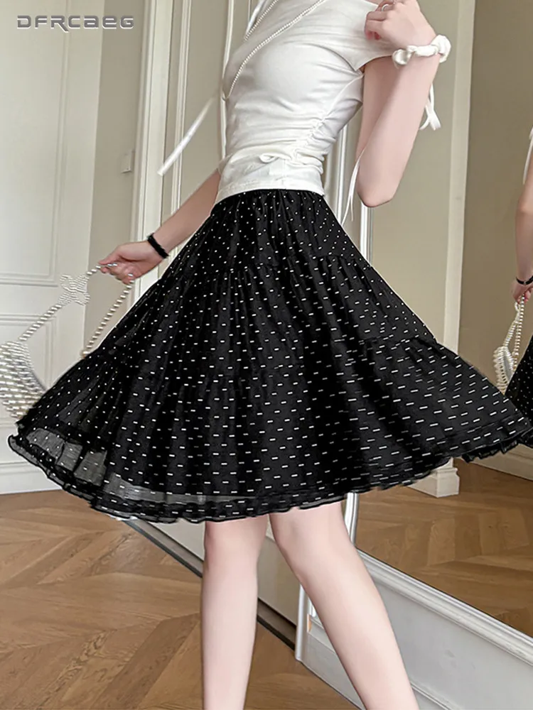 Women's Summer Polka Dot Print Summer Short Skirt Elastic Waist Casual Ruffled Tiered Sweet Knee Length A-Line Skirts White