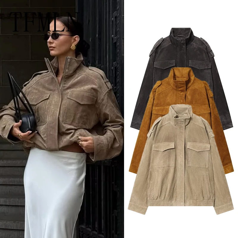 TFMLN سترات شتوية سميكة منفوخة معاطف عتيقة بجيوب من جلد الغزال وجيب غير رسمي وسحاب سترة دافئة جديدة