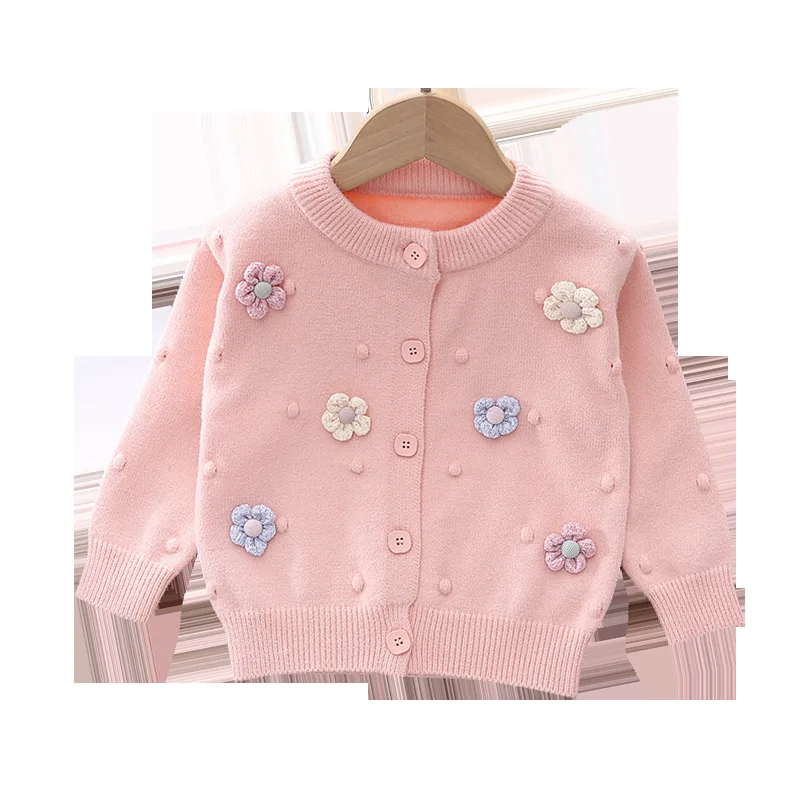 Children\'s Sweaters Polka Dot Handmade Flower Knitwear Kids Clothes Girls Toddler Cardigan Winter Clothes for Girls