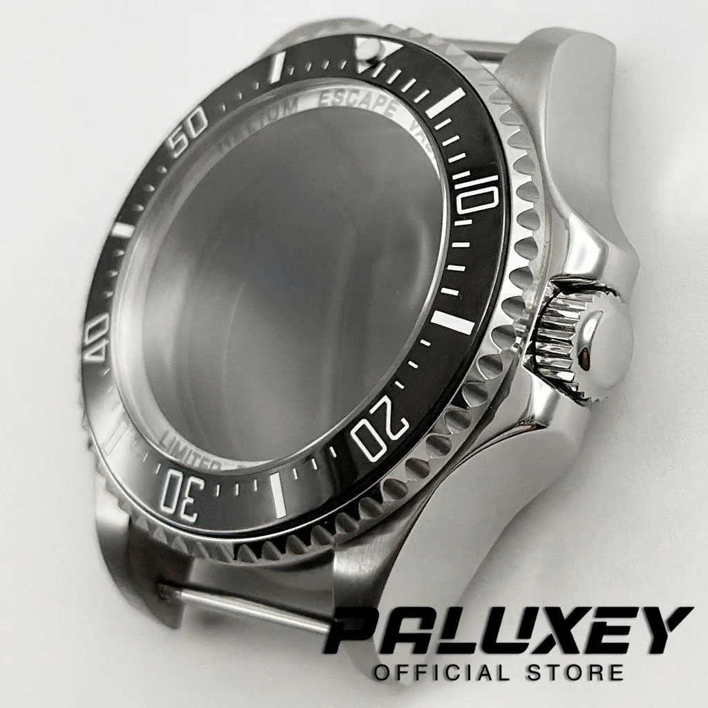 44mm Silver DEEP SEA Homage Big Sapphire Crystal Watch Case Black Ceramic Bezel Fit NH35 NH36 4R35 4R36 NH34 NH38 NH39 Movement