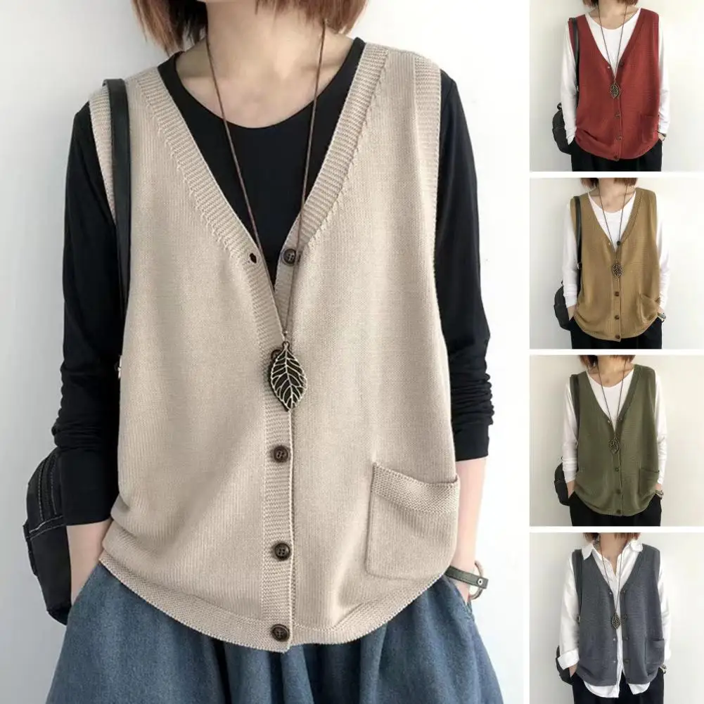 Knitting Vest Women Vest Cozy V-neck Knitting Vest for Women Warm Waistcoat with Pockets Solid Color Loose Fit Tank Top Solid