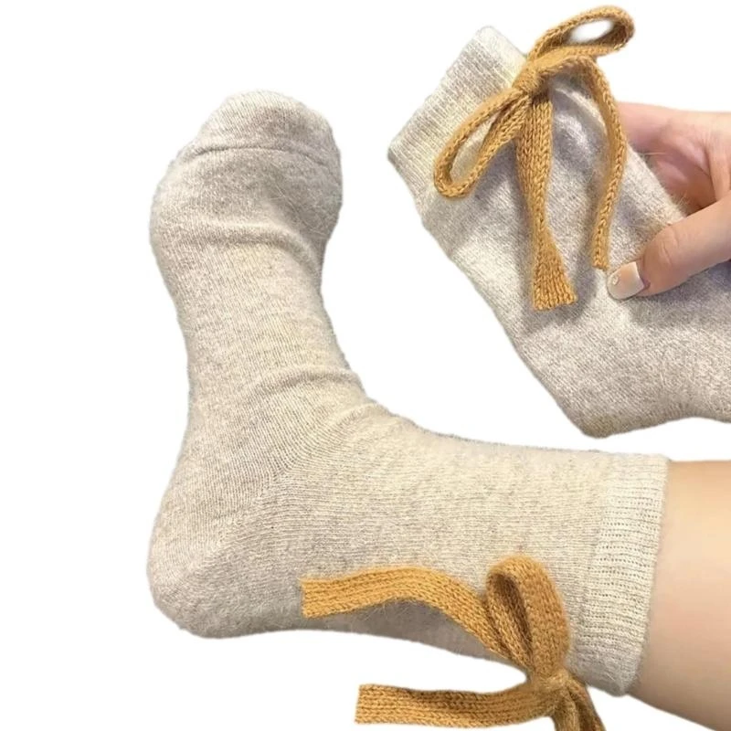 

Модные хлопковые носки для женщин с милым бантом, студенческие толстые теплые носки из искусственной шерсти для зимней одежды