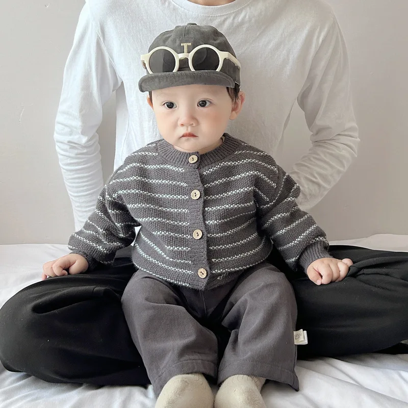 Korean Boys' Sweater Set for Spring and Autumn Fashion Striped Knitted Cardigan Baby Casual Straight Leg Pants Two Price Sets