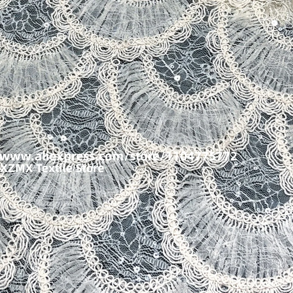 Retro Geometric Circle Lace Mesh Fabric, Hand Crochet Ruffled Edge, Sparkle Sequin Embellishment, DIY Garment Material