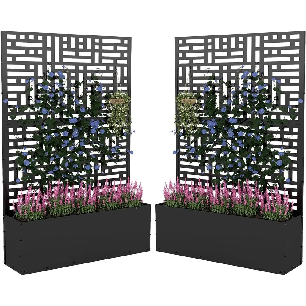 

70.9x47.2x15.7 Black Metal Planter Box with Trellis, Raised Garden Bed for Privacy, Drainage, and Growing Climbing Plants