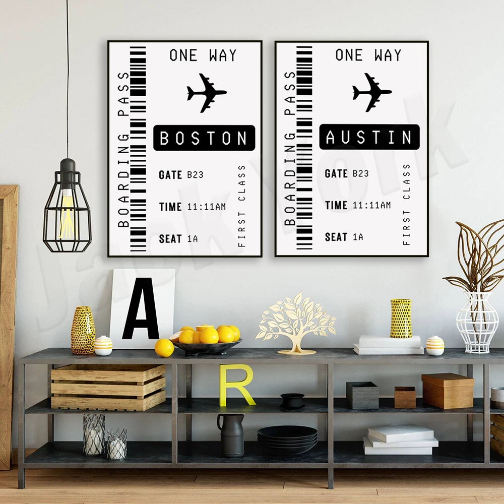 Austin TX boarding pass, Boston MA boarding pass art, Texas state print, Boston, Austin travel typography poster