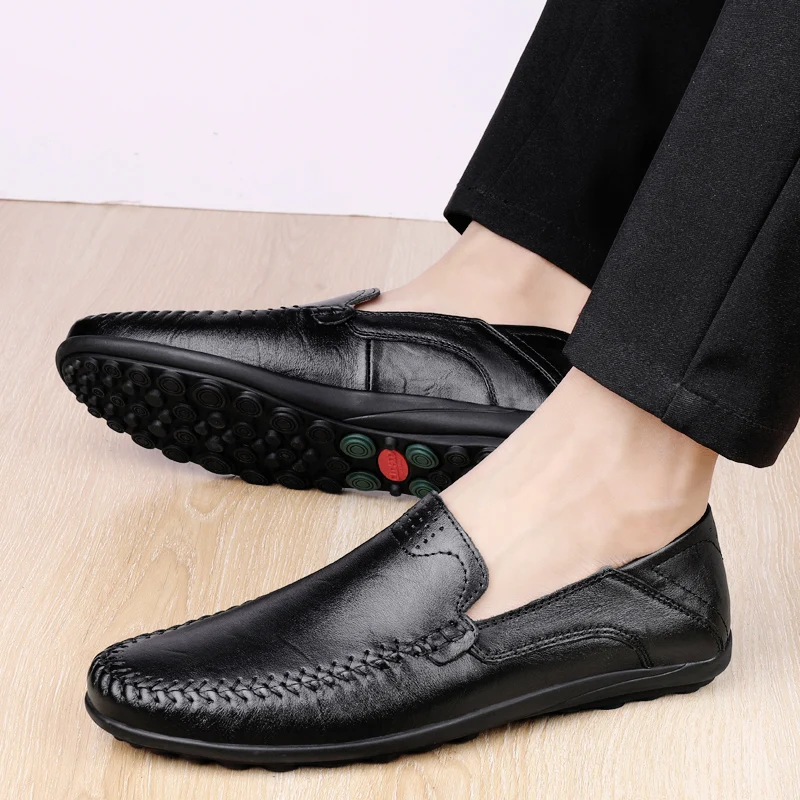 CLOHOO Men\'s Stitching None Slip Genuine Leather Shoes Handmade Loafer Business Wedding Plus Size Formal Casual Shoes for Men