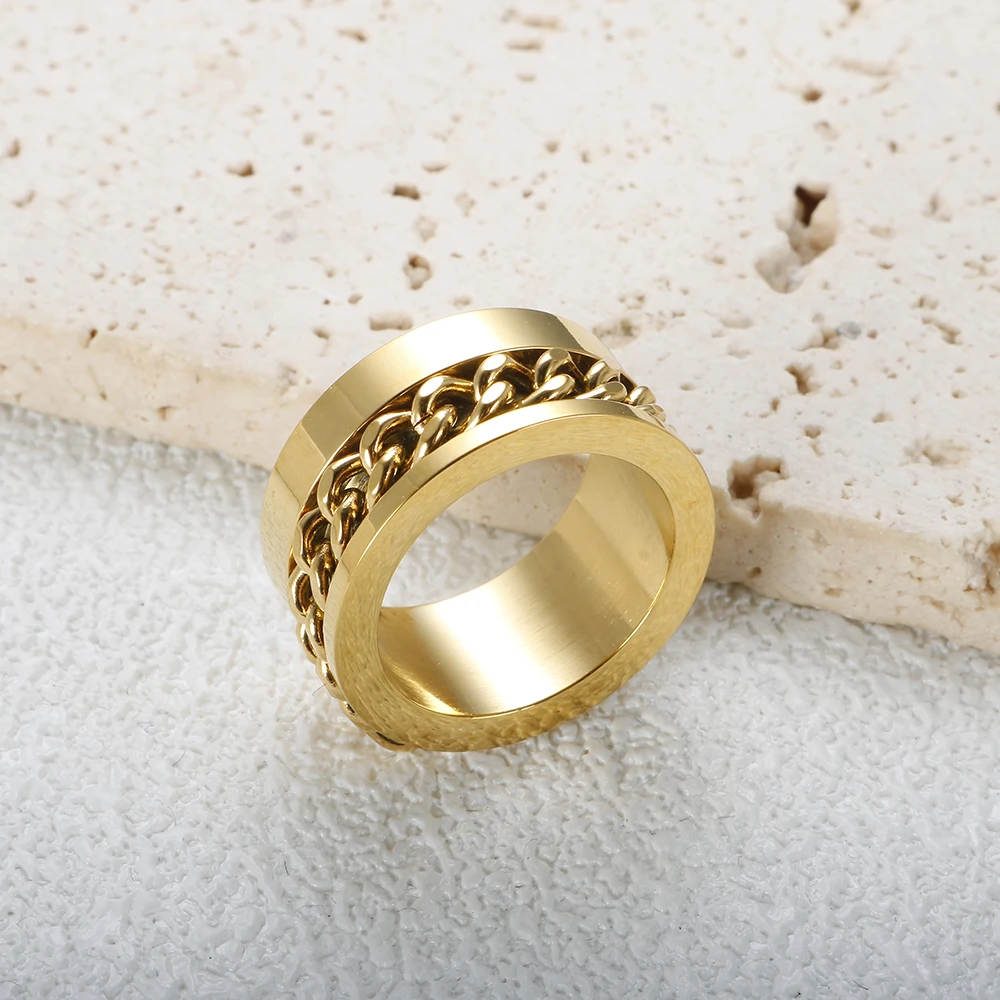 Punk Stainless Steel Cuban Curb Link Chain Ring For Men Women Gold Color Twist Pattern Crystal Finger Rings Female Jewelry