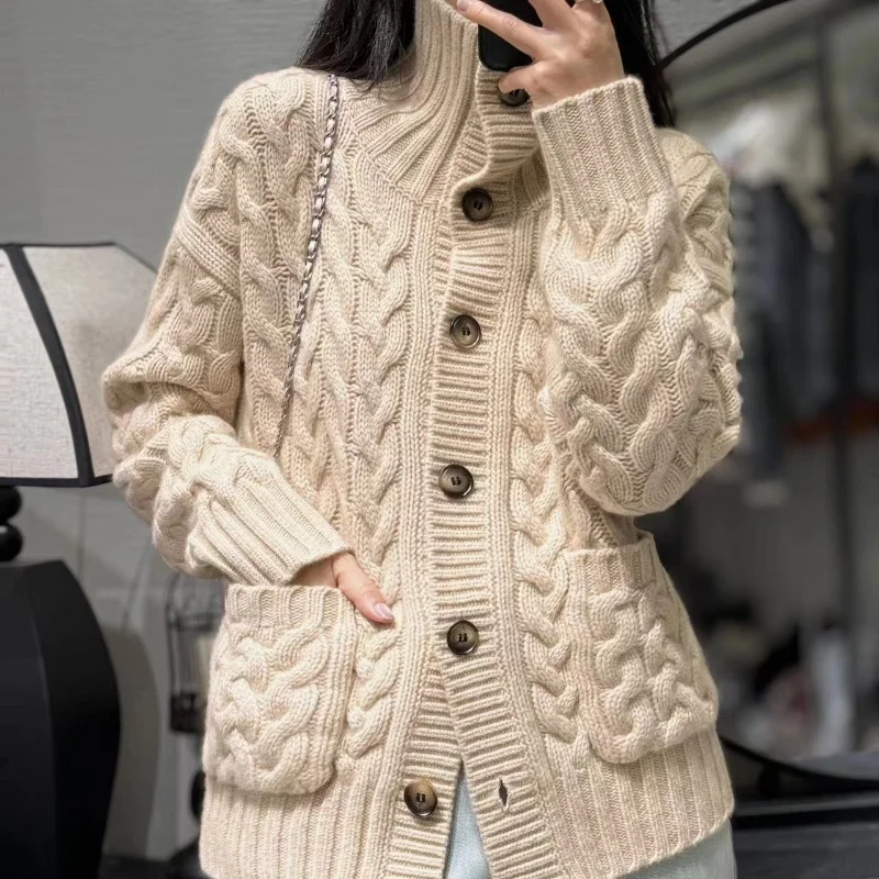 Autumn Winter New Cashmere Sweater Women's Clothing Thick Coat 100% Wool Stand Collar Knitted Cardigan Fashion Twist Flower Tops