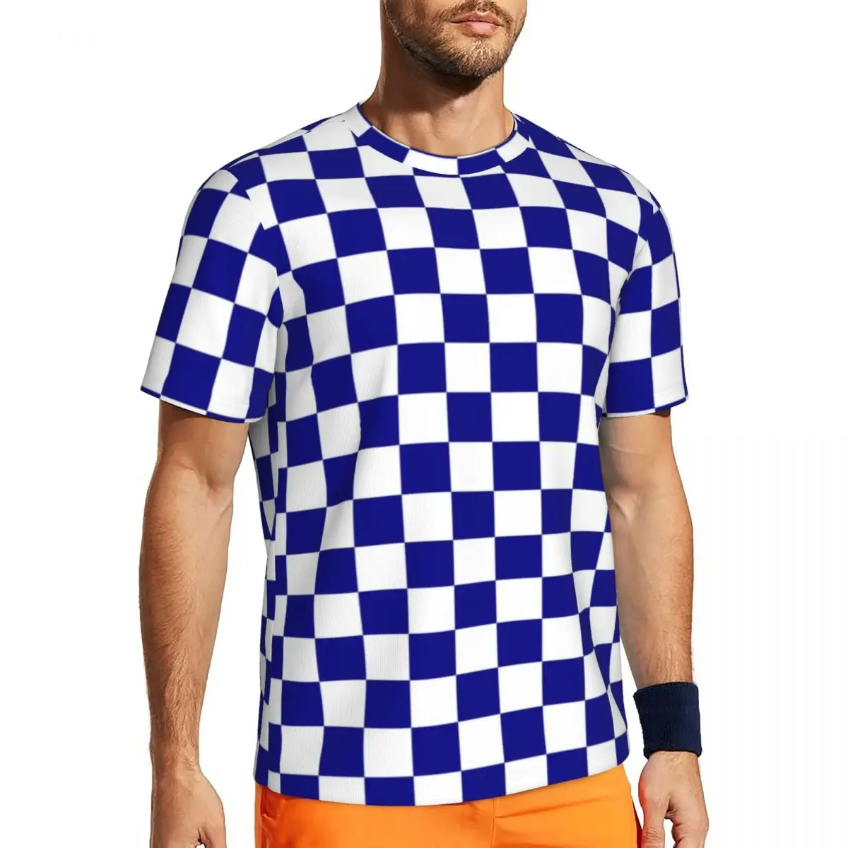 Blue And White Checkerboard Sports T-Shirt Racing Flag Checkered Popular T-Shirts Men Y2K Tee Shirt Summer Short Sleeve Clothes