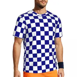 Blue And White Checkerboard Sports T-Shirt Racing Flag Checkered Popular T-Shirts Men Y2K Tee Shirt Summer Short Sleeve Clothes