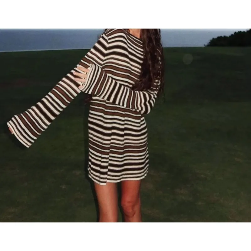 Halbverschluss, hohl, gestreift, langärmelig, gestrickt, Wolle, Wolle, T-Shirt, Rock, gerade, Strand, böhmisches Freizeitkleid