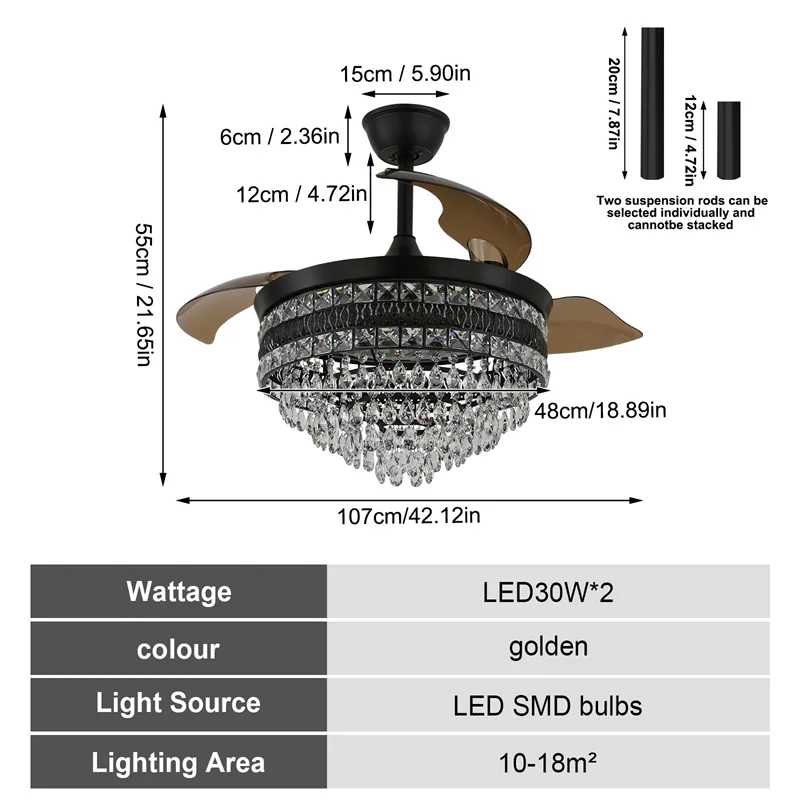 Crystal Fan Light Suitable For Summer And Winter Energy 42 Inches Conservation With Remote Control Fan Lamps 6 Level Luminaire