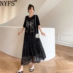 NYFS 2024 Summer New Korea Woman Dress Vestidos Robe Elbise Loose Plus Size Cotton Bow Tie Print Short Sleeve Long Dresses