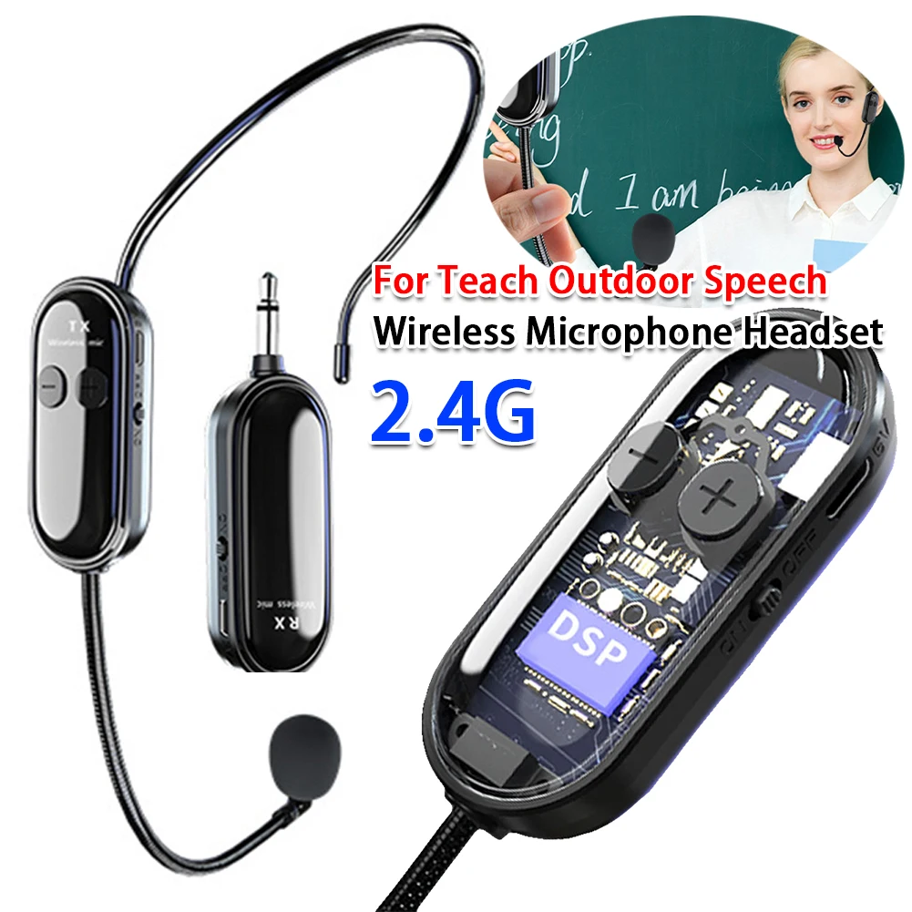 سماعة رأس لاسلكية 2.4G ومحمولة 2 في 1 مع ميكروفون طويل المدى ونظام ميكروفون لتدريس أداء المسرح ومدربي اللياقة البدنية