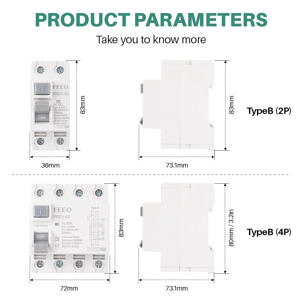 RCCB RCD Type B Earth Leakage Residual Current Circuit Breaker Evse 4P AC 40A 63A   30 ma Din Rail 400V/415V