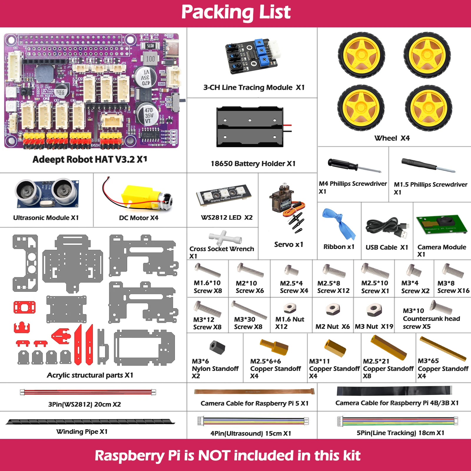 Kit de carro robô inteligente Adeept AWR 4WD para Raspberry Pi 5/4B/3B/3B+ (placa não incluída)