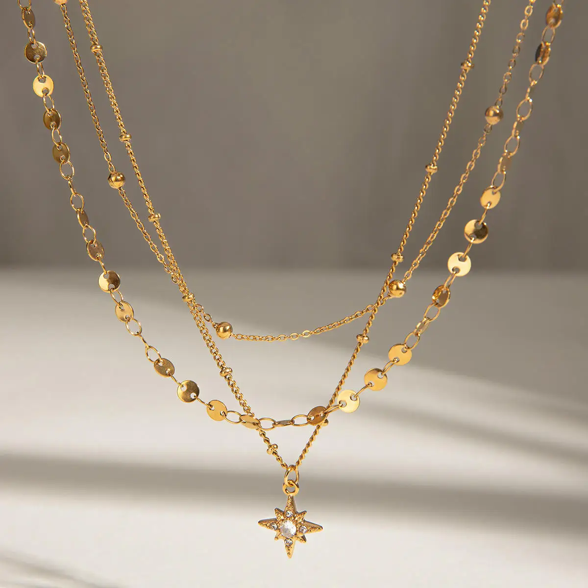 

Stainless Steel Three-layer Necklace Rhinestone Four-pointed Star Pendant Light Luxury Necklace Jewelry