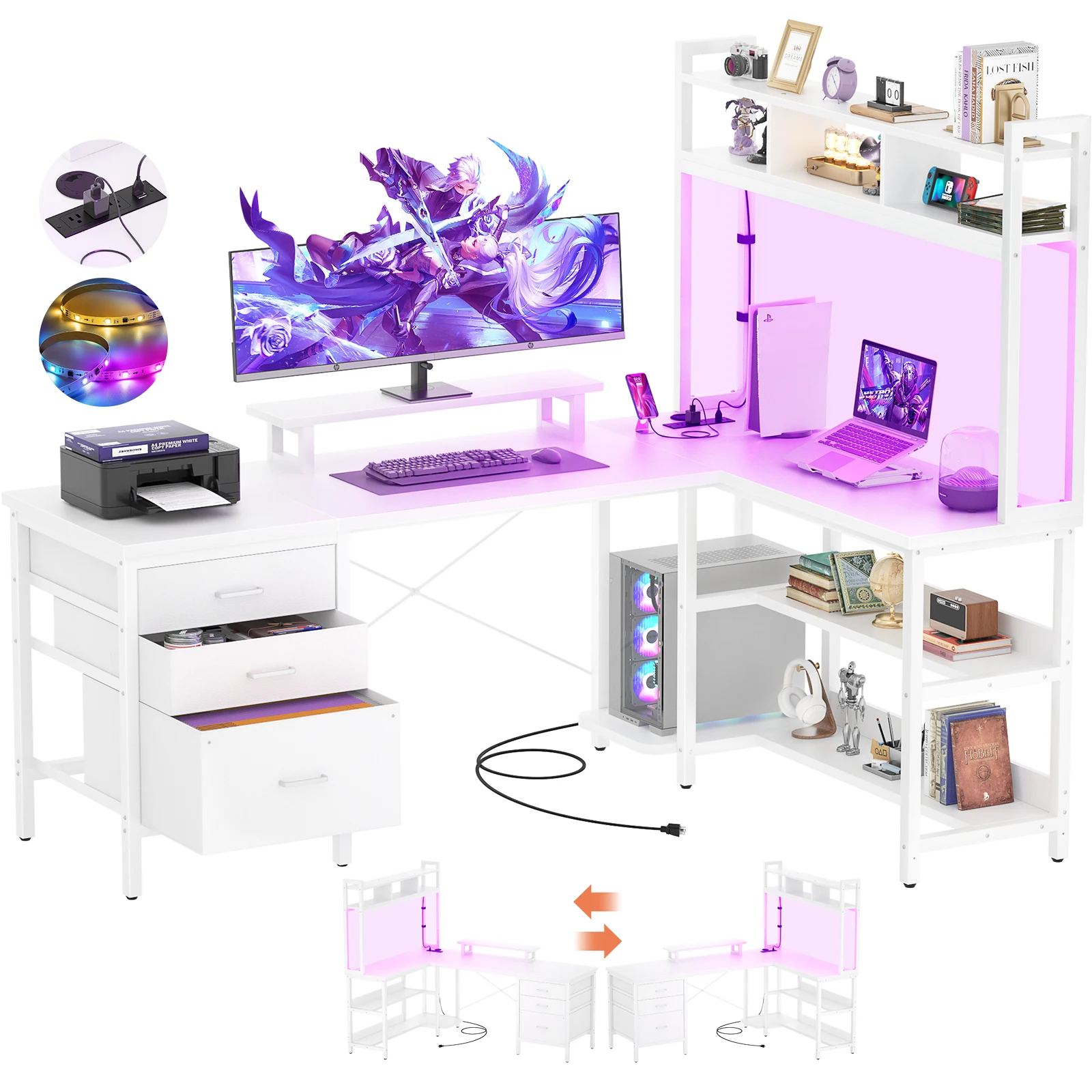 Pc Gaming Center - Aheaplus L자형 게이밍 책상(LED 조명 포함),