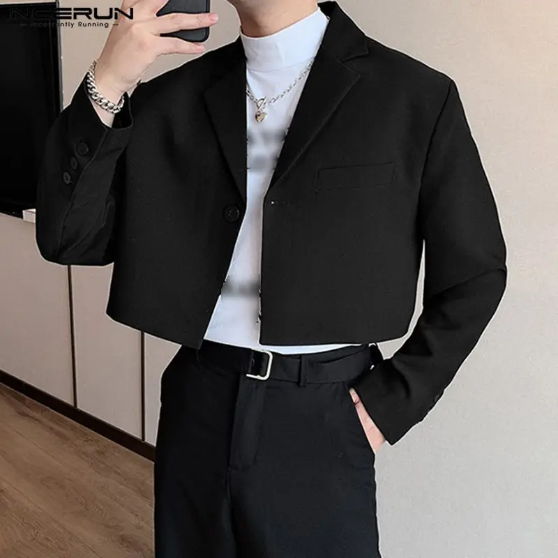 2023 Men Blazer Solid Color Lapel Long Sleeve Autumn Casual Suits One Button Streetwear Fashion Male Crop Coats S-5XL INCERUN