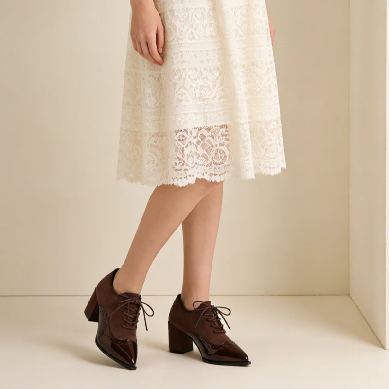 

Новые женские туфли-лодочки 2026 года на шнуровке с толстым каблуком, из натуральной кожи, с острым носком