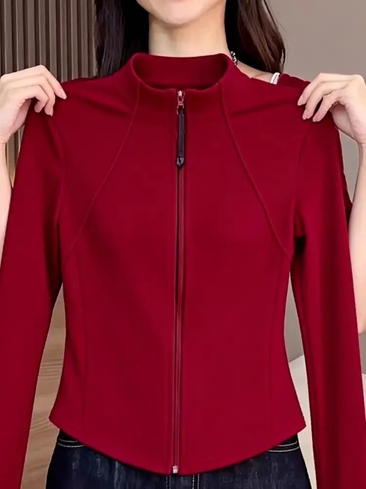 Red Zipper Long Sleeve Stand Collar Slim Fit Women's Top Inner Wear Base Shirt 2026 Spring Short Outerwear Commute Style