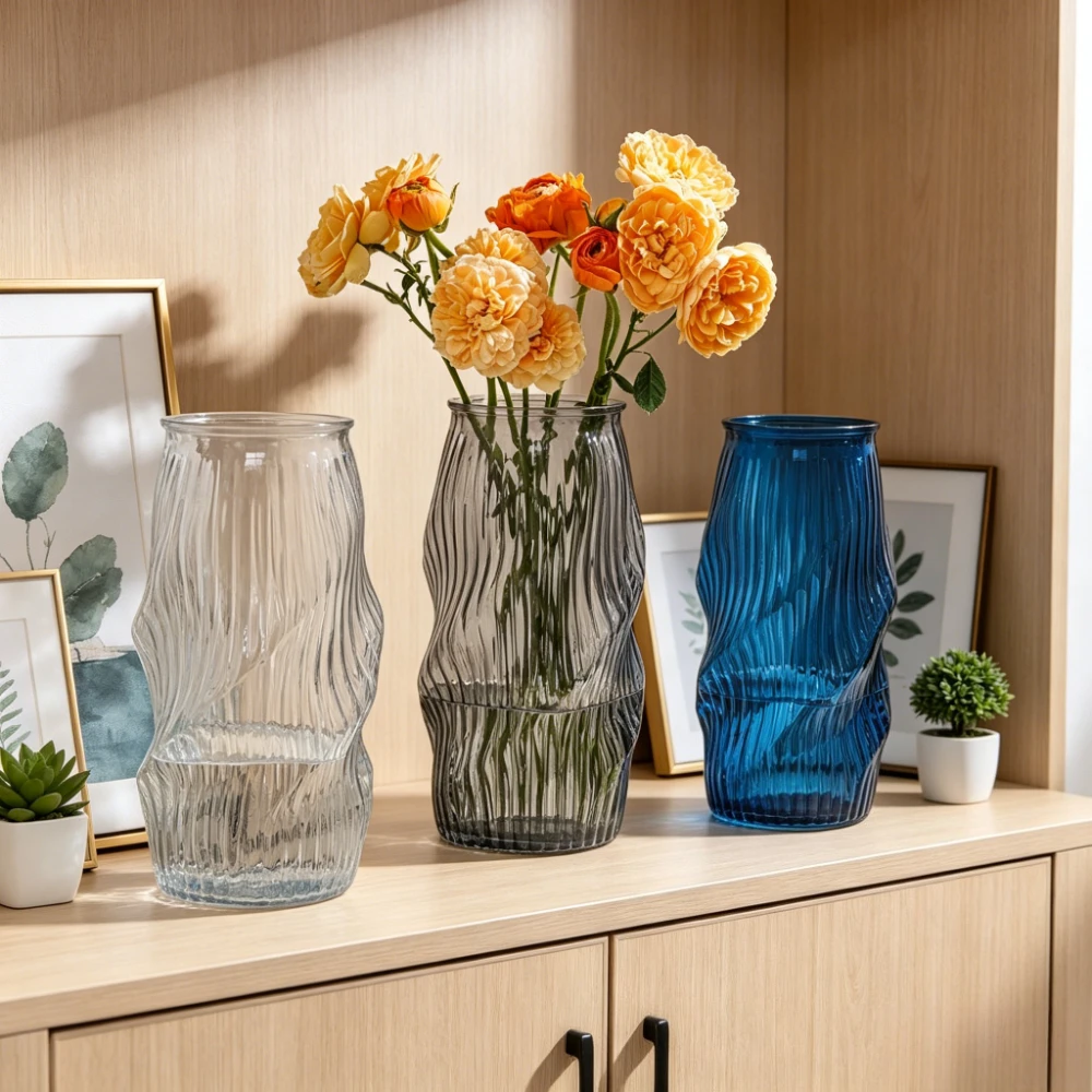 Creative Glass Vase Transparent Fold Lines Cylindrical Hydroponic Flower Arrangement Accessories Home Decoration Flower Vase