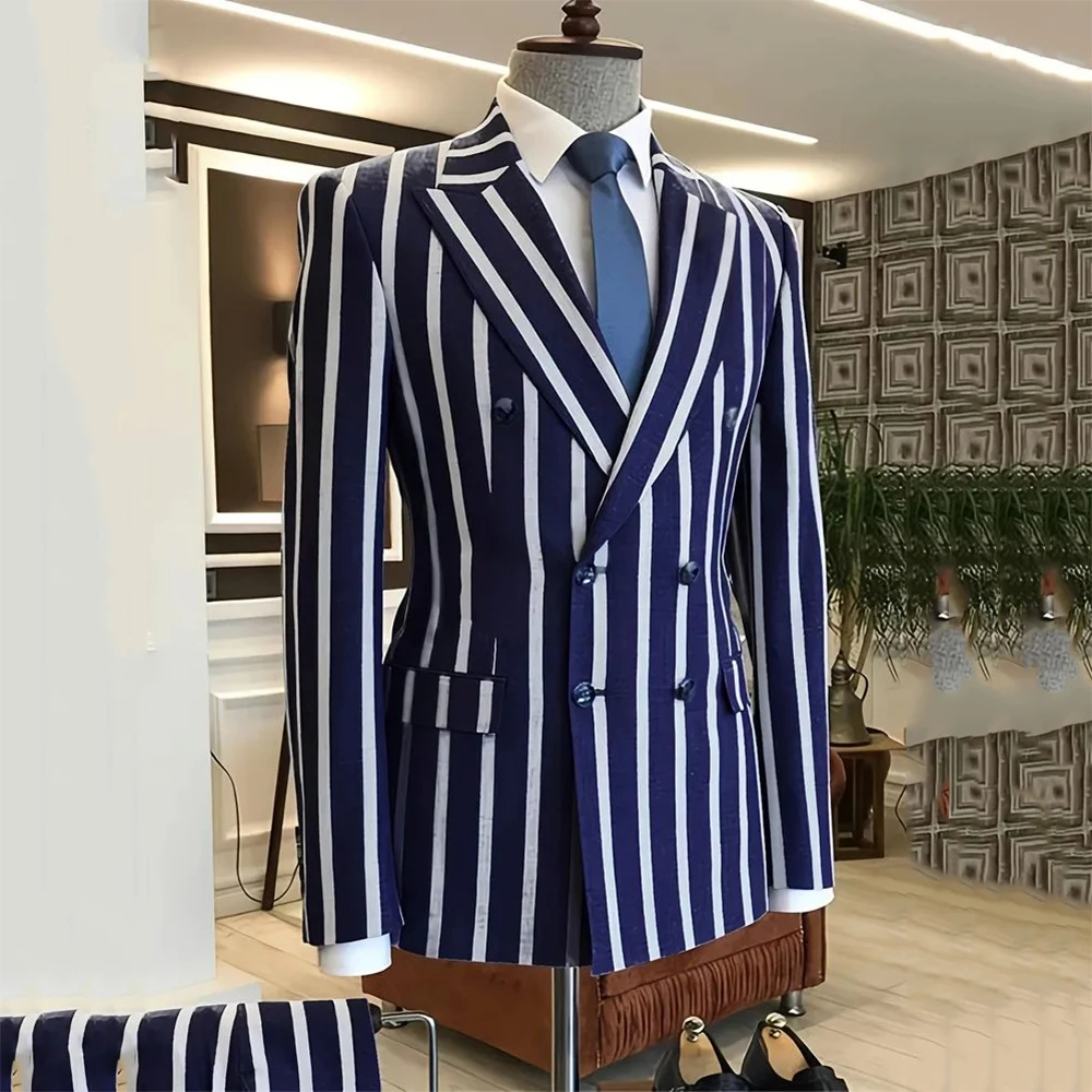 

Stripe Men Suits 2 Pieces High Quality Formal Occasion Double Breasted Special Custome Peak Lapel Homme Blazer Fashion 2025