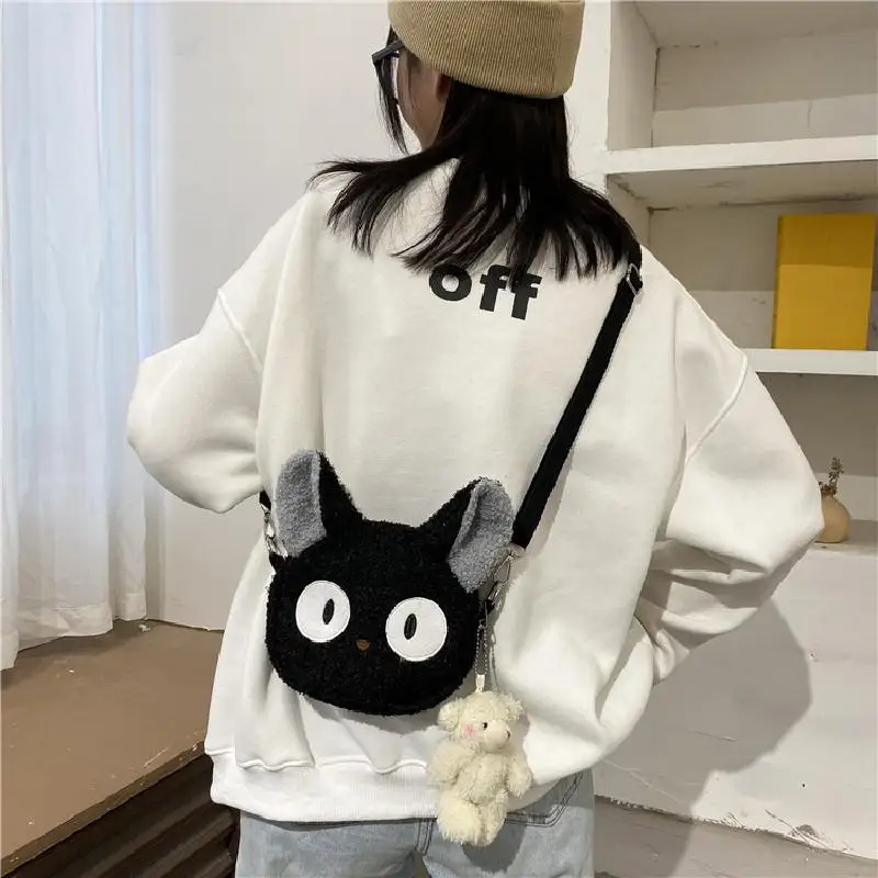 Sac en peluche chat noir Corgi pour enfants, animaux de dessin animé Kawaii, sac à bandoulière initié au style japonais, petit sac à main pour téléphone, cadeau pour filles