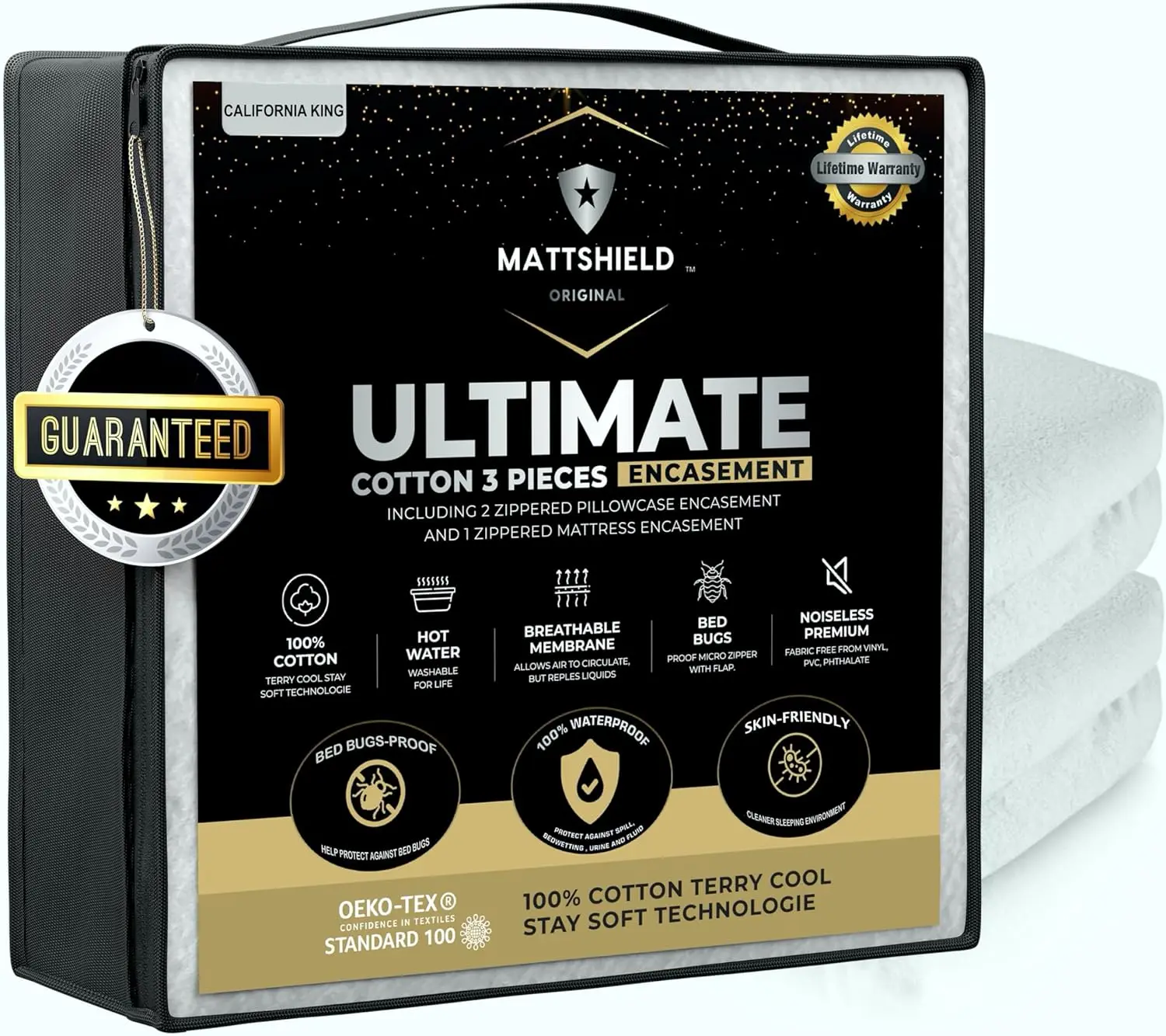 

Mattshield New Ultimate Комплект из 3 предметов — чехол для матраса с защитой от насекомых, Калифорнийский король, верх из 100% хлопка + 2 наволочки с