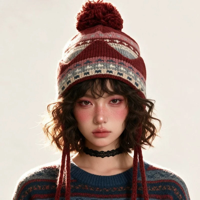 Japanese Fel Island Striped Pullover Knitted Hat for Autumn and Winter Outdoor Warmth Ear Protection Tassel Windproof Beanie Cap