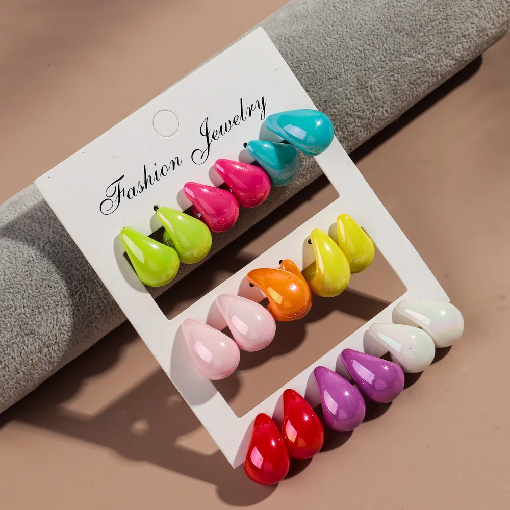 9pair/set Candy Color Acrylic Waterdrop Circle Earring Hoops for Women Statement Irregular C-Shaped Earrings New Jewelry Gift