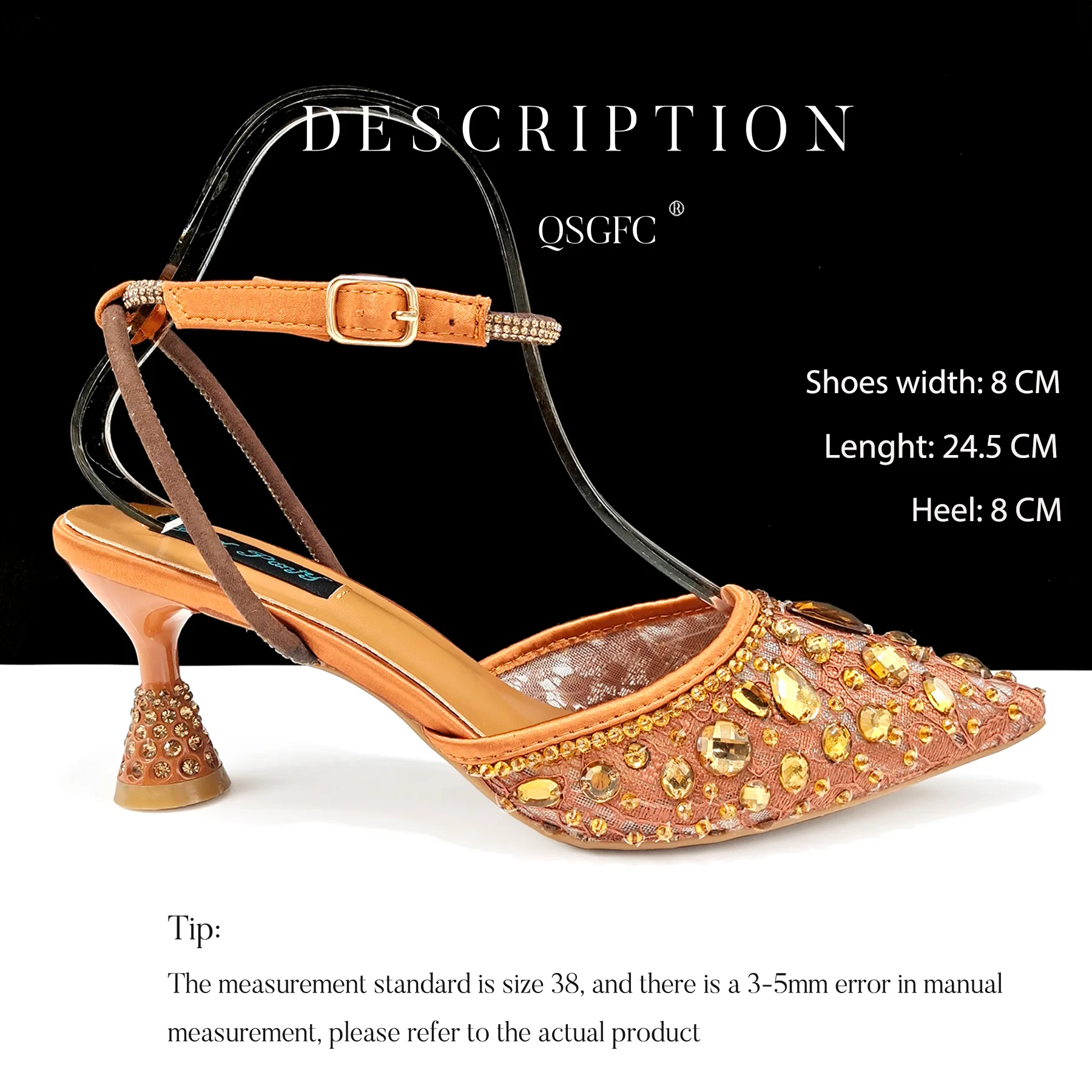 QSGFC 2024 italian Fashion breathable Lace fabric Women Heels Coffee Shoes And Bag Full Rhinestone tassels Party HandBag