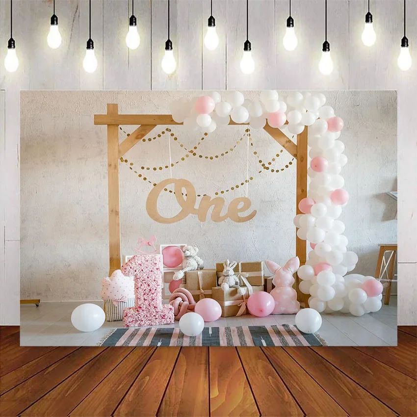 

Photography backdrop 1st birthday party white balloons decoration supplies first birthday photophone bear and rabbit