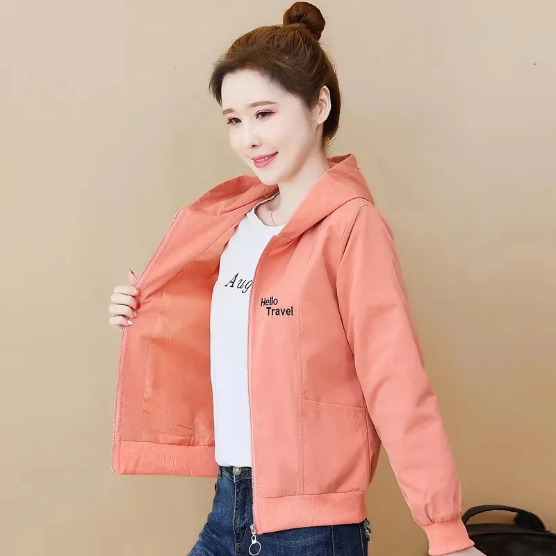 2024 New Autumn Women\'s Short Jacket Long Sleeve Causal Hooded Windbreaker Famale Basic Coat Zipper Lightweight Jacket Outwear