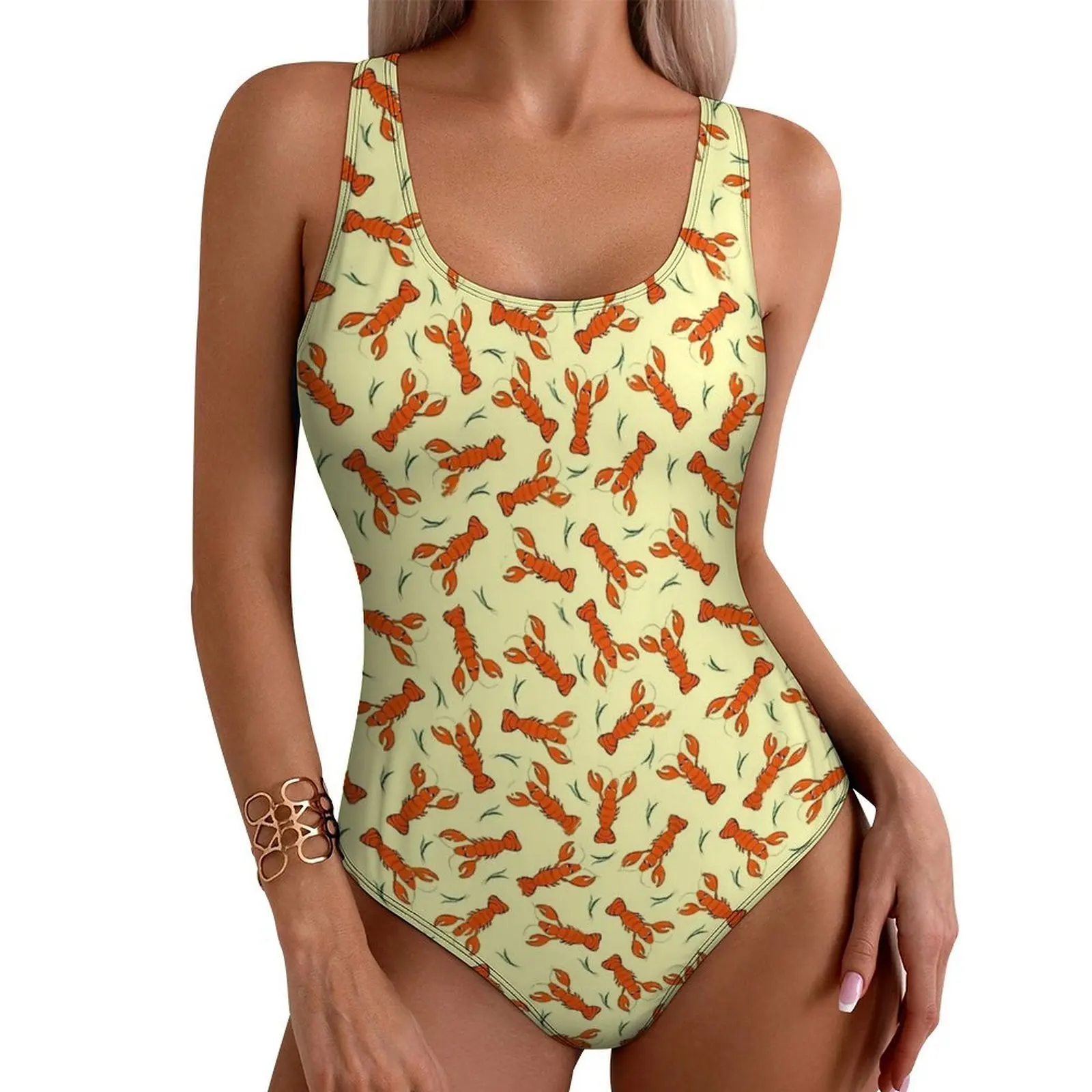 Cartoon Lobsters Swimsuit Funny Animal One-Piece Swimwear Push Up Fantasy Monokini Sexy Holiday Swim Printed Bodysuit