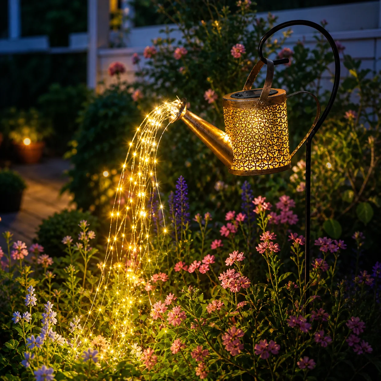 Solar Garden Light,IP44 Waterproof Metal Watering Can Lamp Yard Lawn Auto‑on LED String Light For Courtyard Decoration Lovers